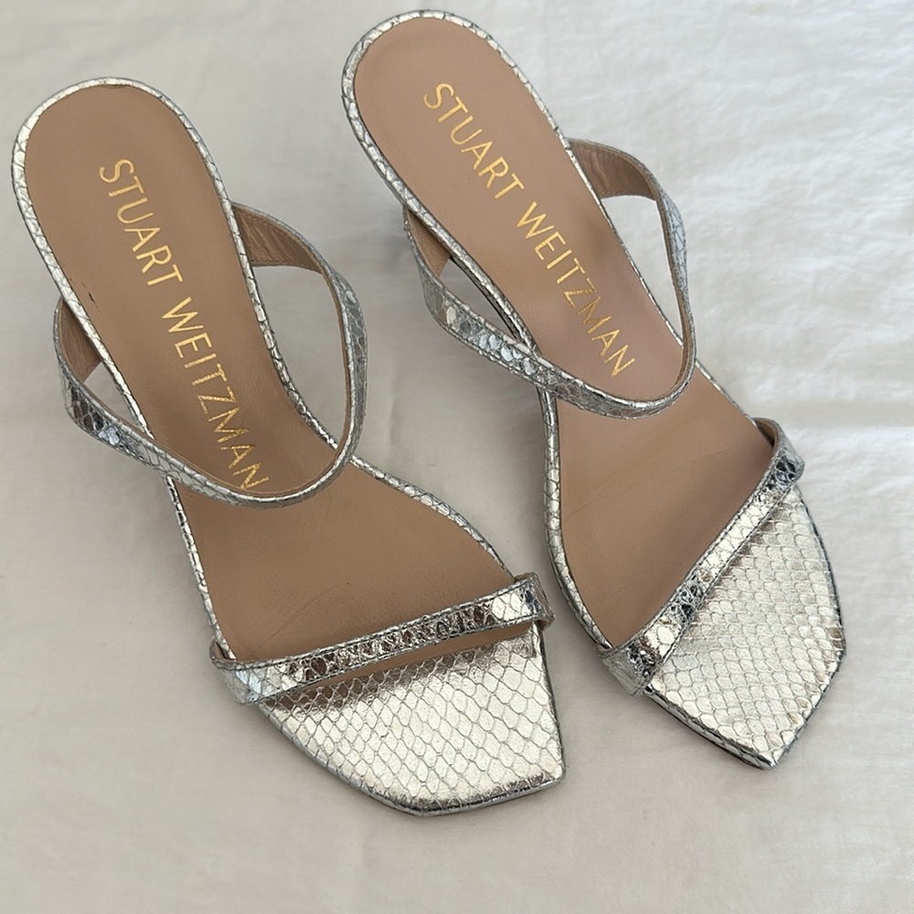 Stuart Weitzman Aleena Sandals in Silver Mini Snake Print 2.5” Heel Pumps Size 5 - Picture 4 of 16